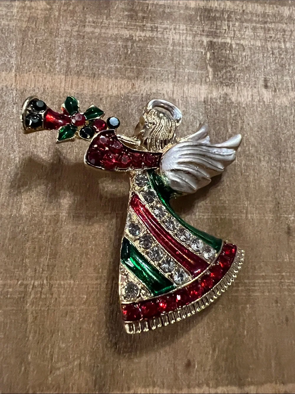 3/$18 Gold-Tone Red & Green Angel Brooch - Holiday Crystal Pin Lot 6075